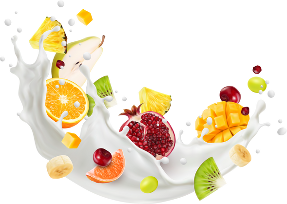 Realistic Milk Wave Splash, Fruits in Milky Drink